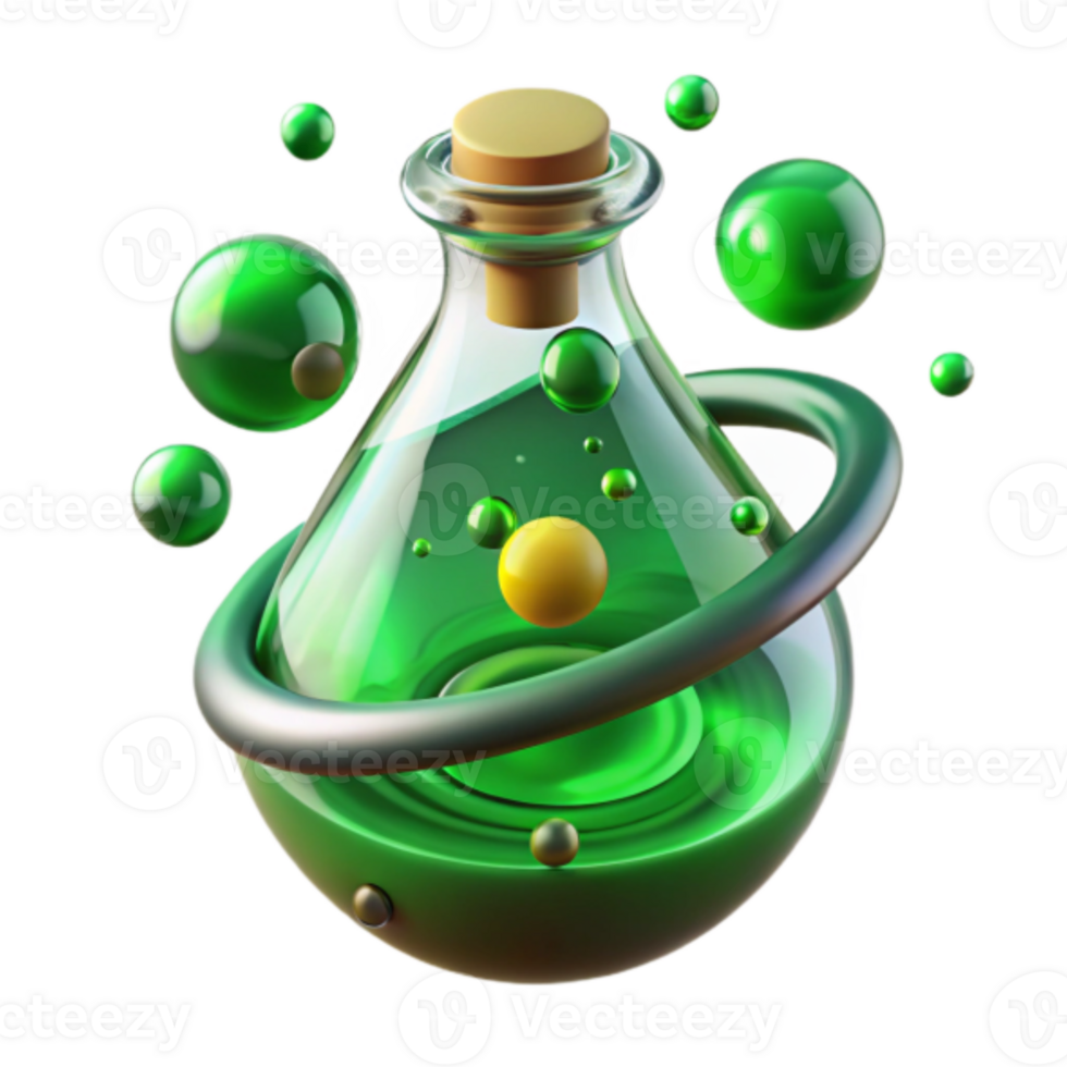 3D Render Green Potion Bottle with Floating Bubbles Abstract Background png