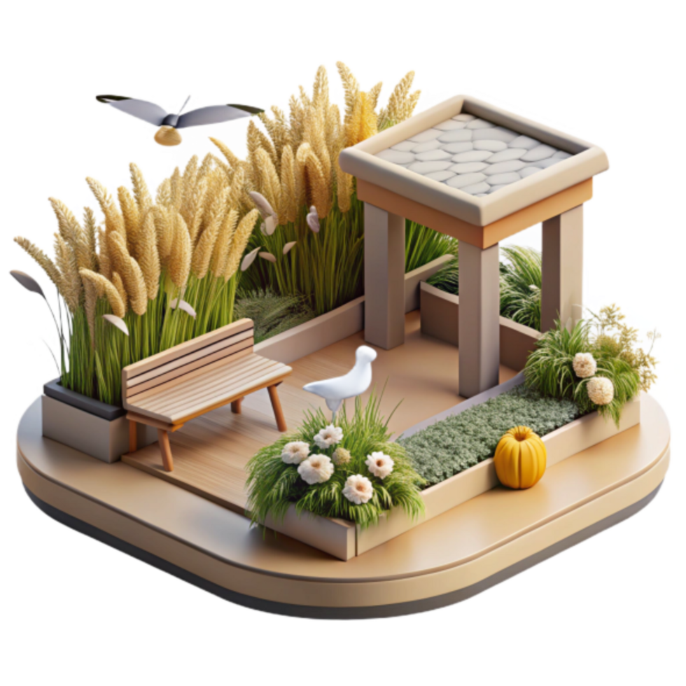 Autumnal Garden Retreat 3D Illustration Peaceful Park Bench, Stone Gazebo, and Golden Wheat png