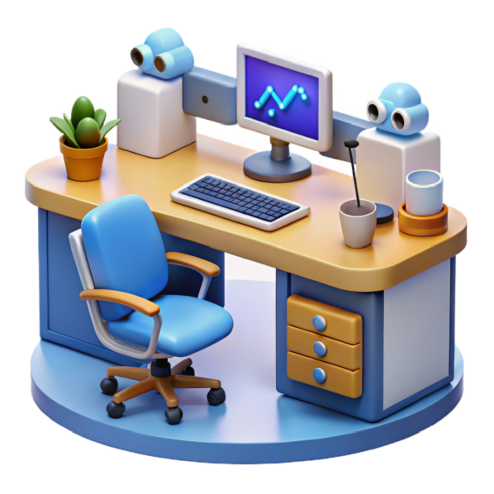 3D Render of Modern Office Workspace, Desk Setup with Chair, Computer, and Plant png