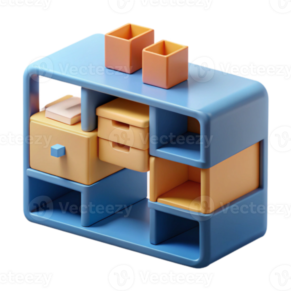 Modern 3D Render of a Stylish Blue and Orange Cabinet with Drawers and Shelves png