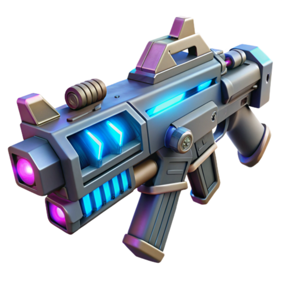 Futuristic Sci-Fi Weapon 3D Render, Neon Lights, Detailed Design, Cyberpunk Style, Grey and Gold Submachine Gun, High-Resolution Image, Fantasy Gadget, Digital Art, Game Asset png