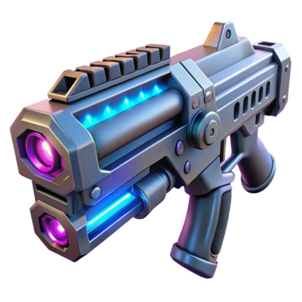 Futuristic Sci-Fi Weapon 3D Render, Dual-Barreled Blaster with Glowing Lights png