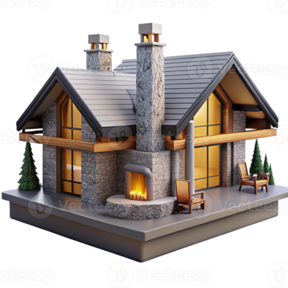 Cozy 3D Render of a Stone and Wood Cabin with Fireplace png
