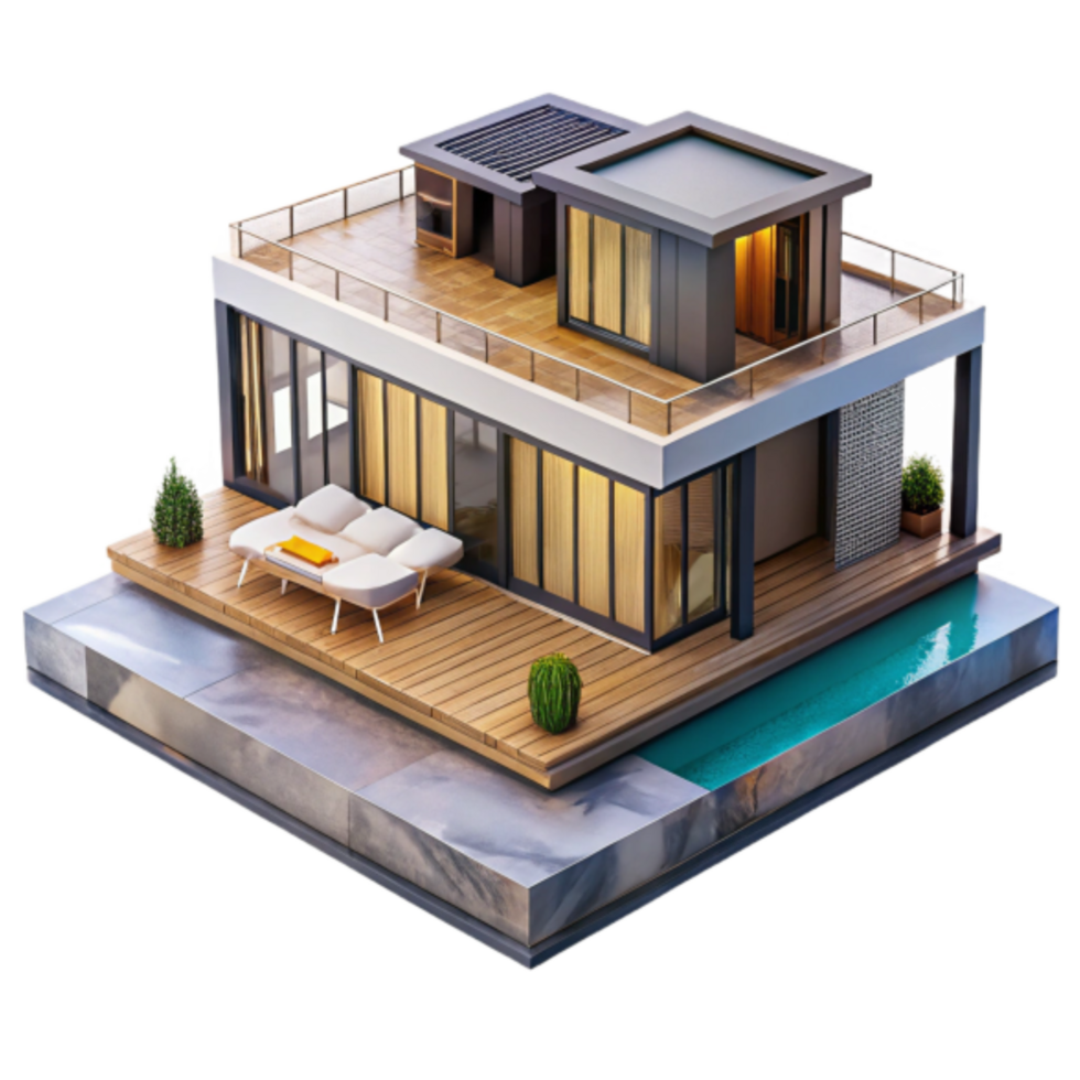 Modern House 3D Model Luxury Home with Rooftop Deck and Infinity Pool Illustration png