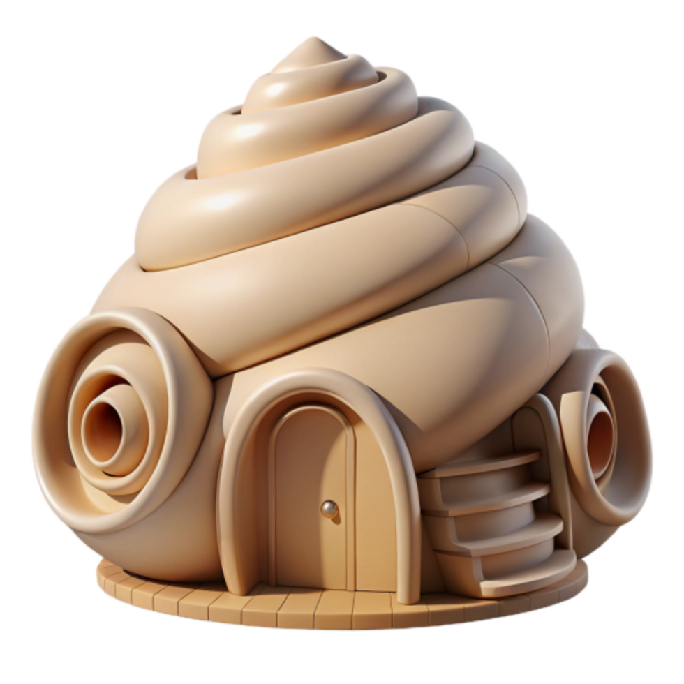 Whimsical Shell House 3D Render Cartoonish Architecture, Fantasy Home, Spiral Design, Beige Hues, Playful Structure, Cute Cottage, Unique Building, 3D Illustration, Abstract Home Design, Digital Art png