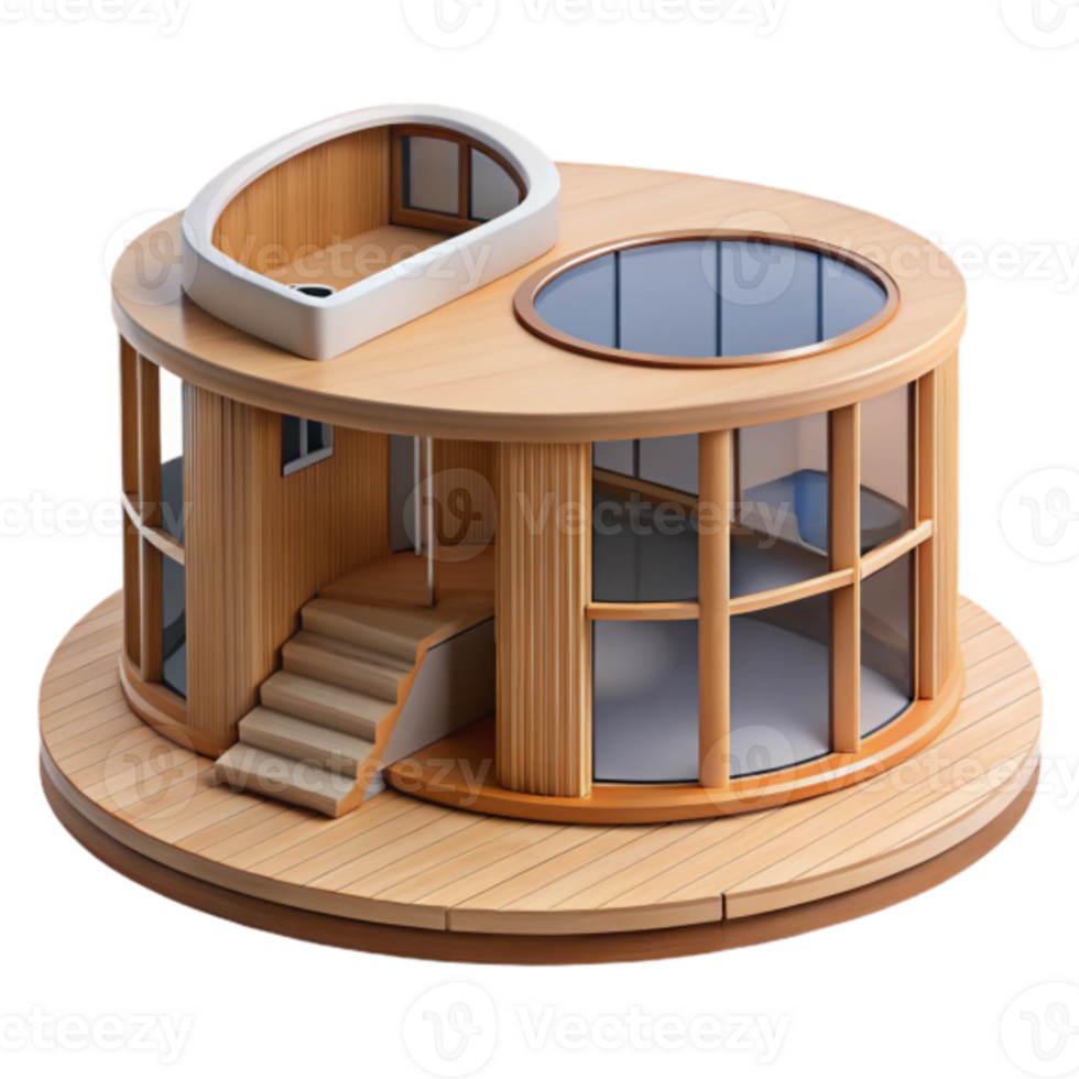 Modern Wooden Round House 3D Illustration, Circular Home Design with Rooftop Terrace and Skylight png