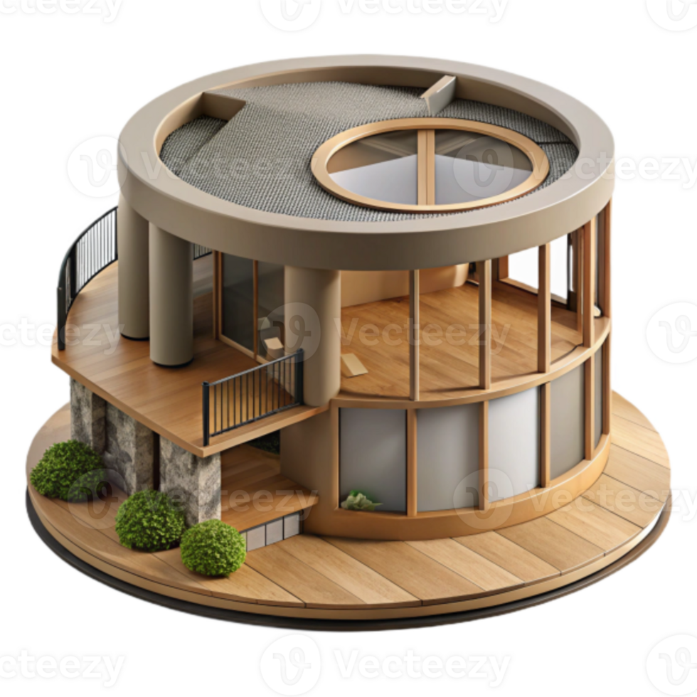 Modern Circular House 3D Model Illustration, Wooden Deck and Glass Walls png