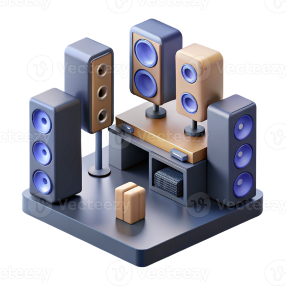 3D Illustration of Home Audio System Setup, Modern Speakers and Entertainment Center png