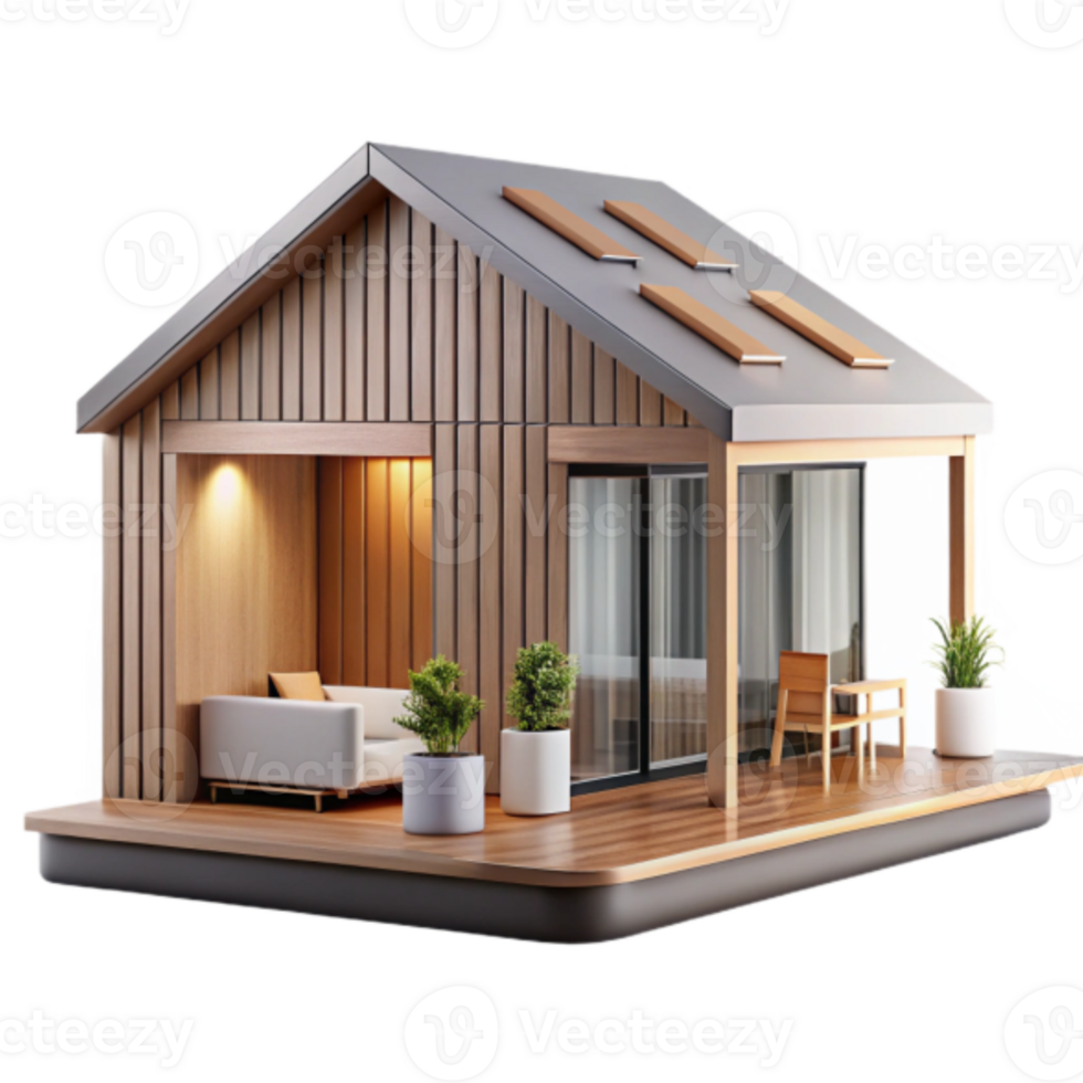 Modern Wooden House 3D Model Rendering Illustration - Cozy Exterior Design with Deck and Plants png
