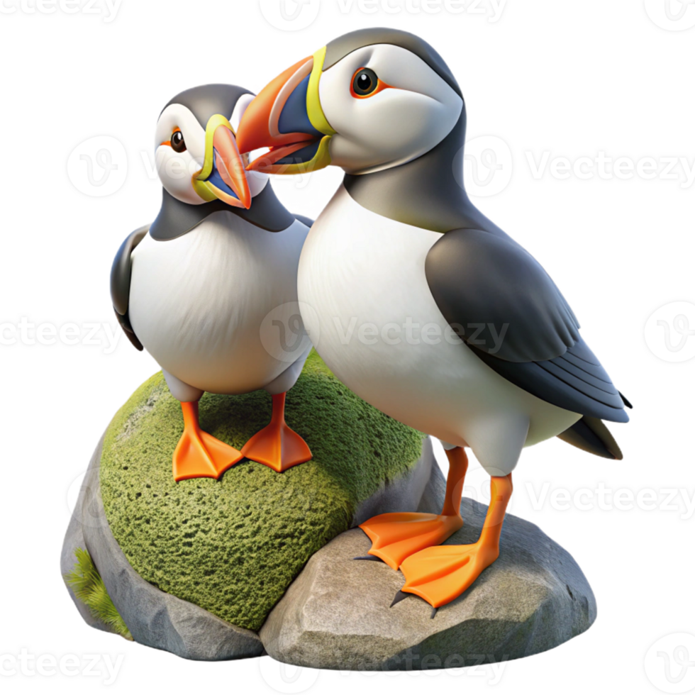 Cute Cartoon Puffins on Rocks png