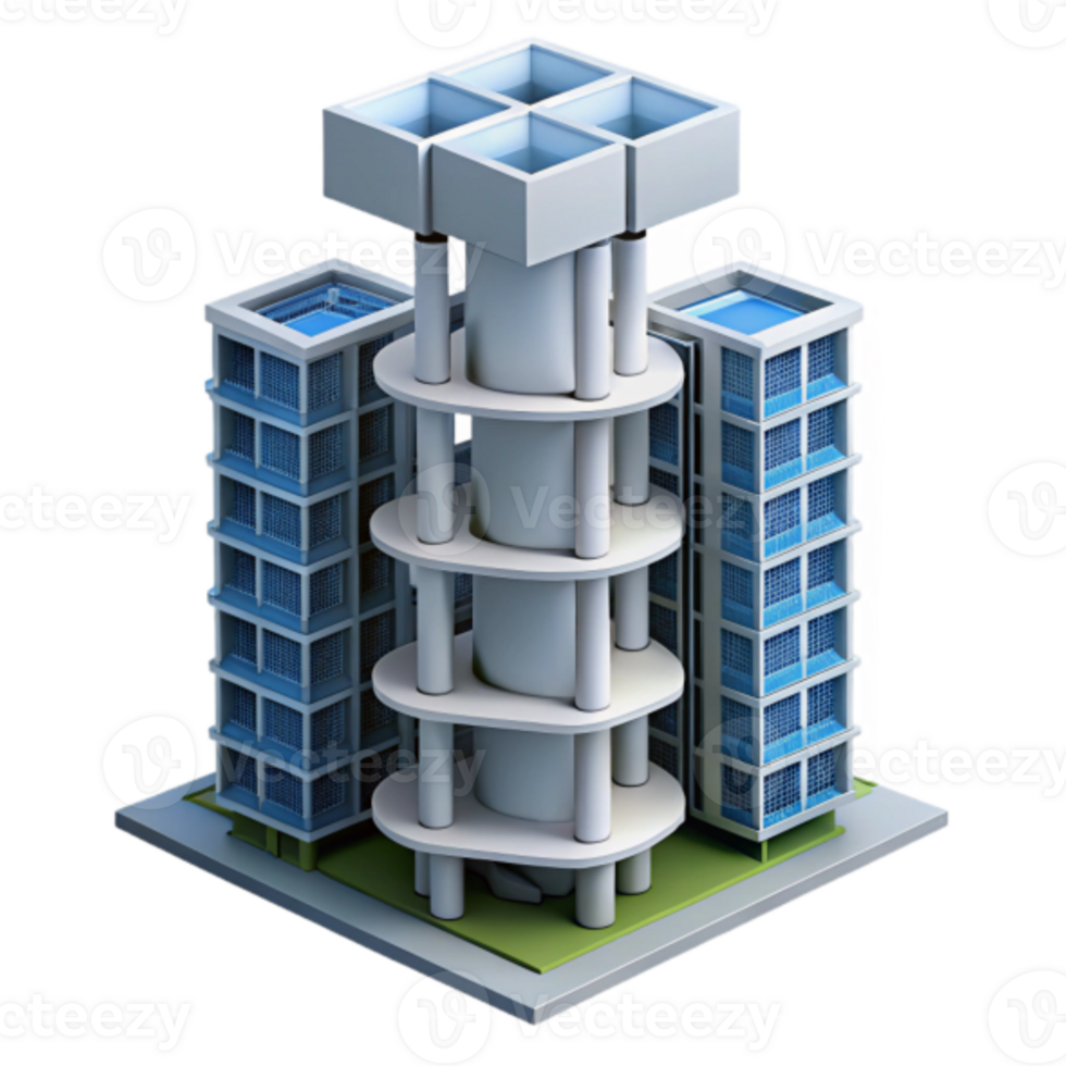 Modern Futuristic 3D Building Illustration, Unique Architectural Design, Cityscape, Highrise Tower, Isometric View, Blue Glass Facade, Spiral Structure, Rooftop Pools png