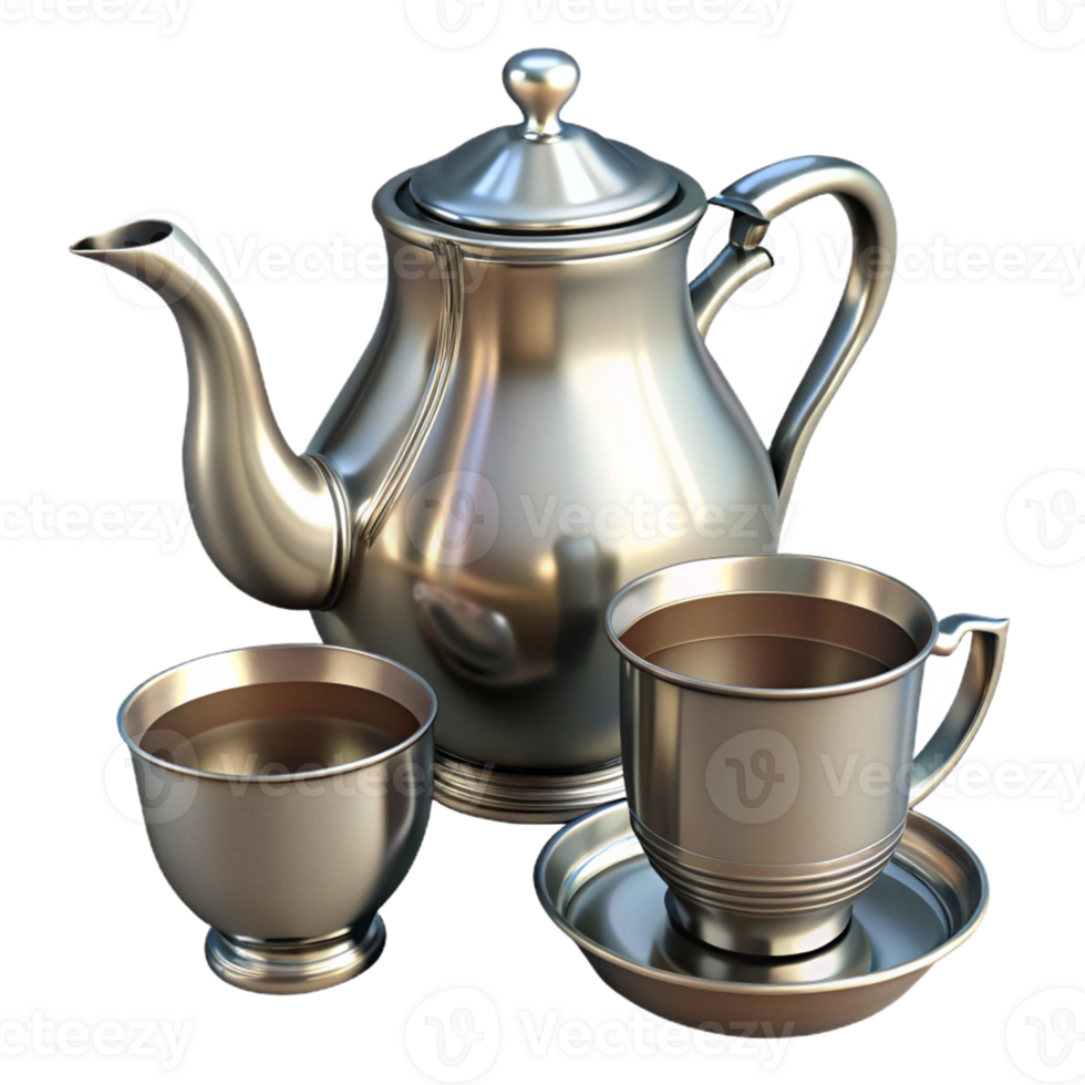Silver Teapot and Cups Isometric Illustration png