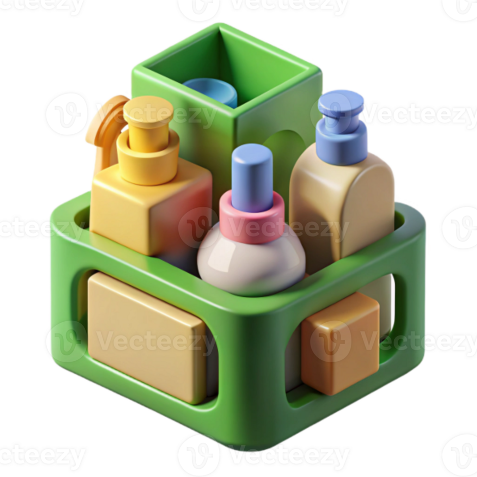 3D Render of Colorful Bathroom Bottles in Green Organizer png