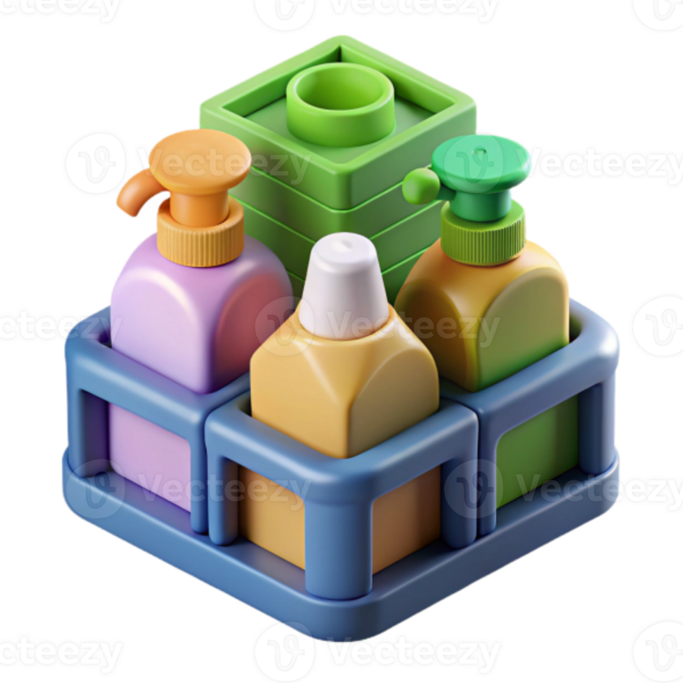 Colorful 3D Render of Bathroom Bottles in a Caddy png
