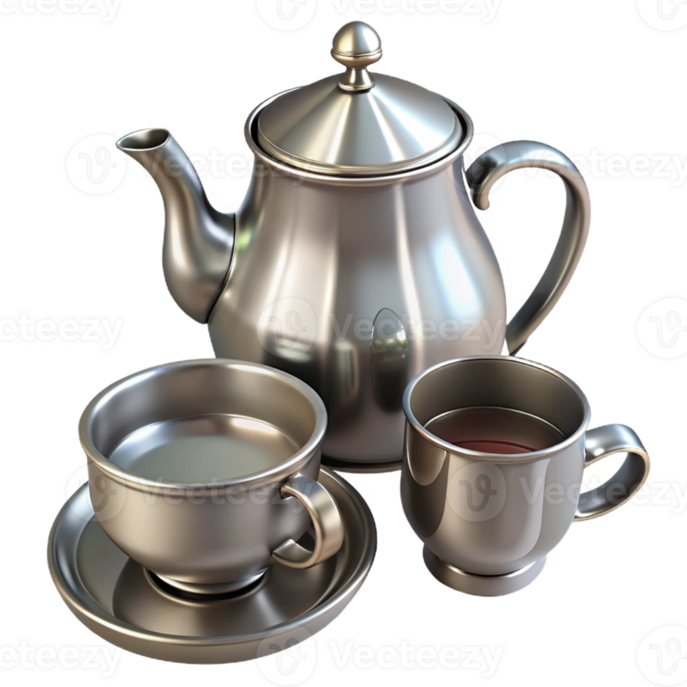 Shiny Silver Teapot with Cups Isometric Illustration png