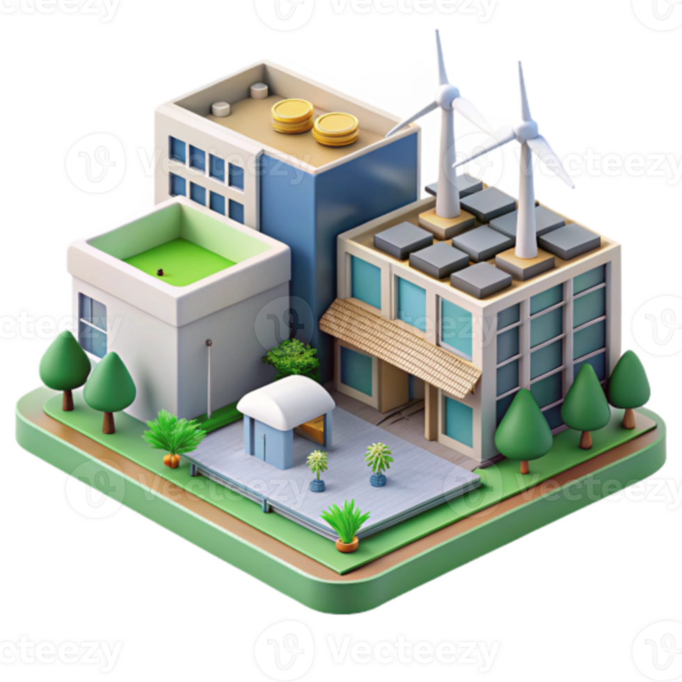 Isometric 3D Illustration Green Eco-Friendly Cityscape Buildings Wind Turbines Sustainable Energy png