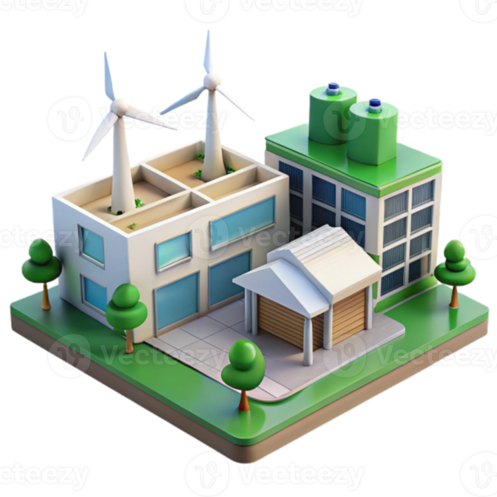3D Illustration Green Eco-Friendly Cityscape with Wind Turbines and Modern Buildings png