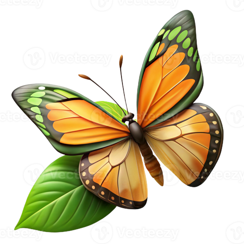 Orange Butterfly on Green Leaf png