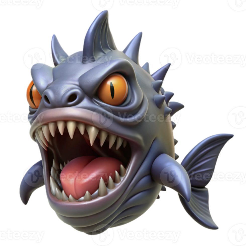 Ferocious 3D Monster Fish Illustration Aggressive Cartoon Sea Creature with Sharp Teeth png