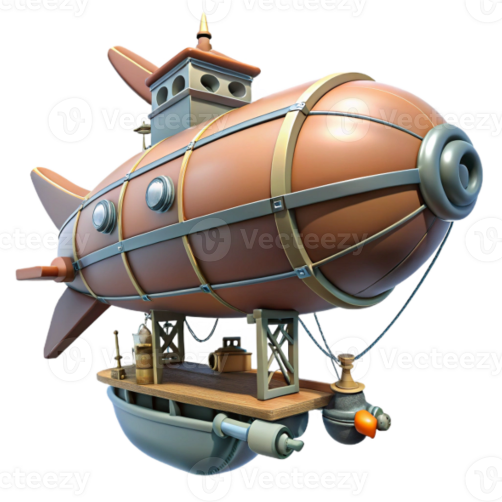 Steampunk Airship 3D Render Illustration Retro Futuristic Vehicle Design png