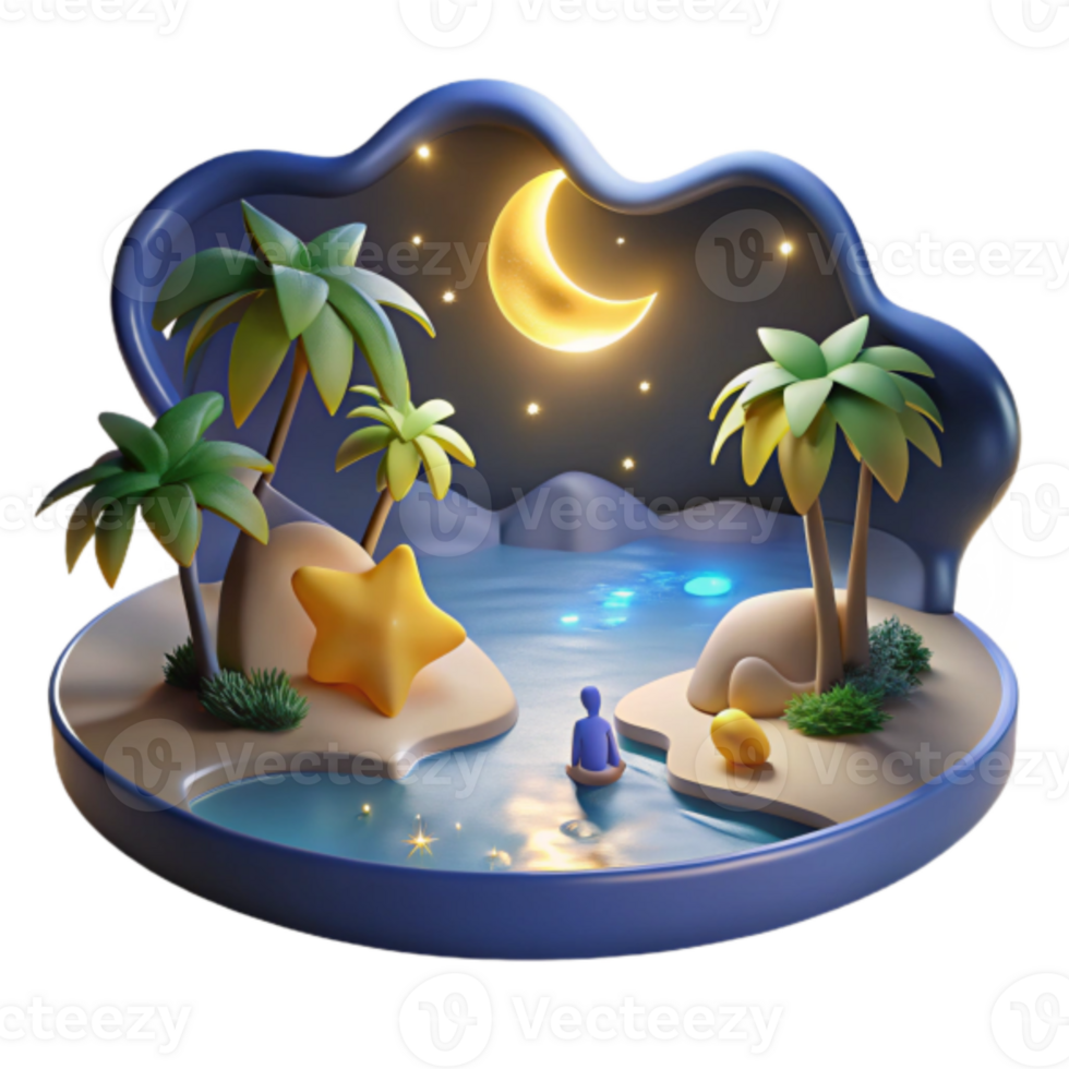 Serene Nighttime Island 3D Render Tranquil Moonlit Oasis with Palm Trees, Star, and Calm Waters png