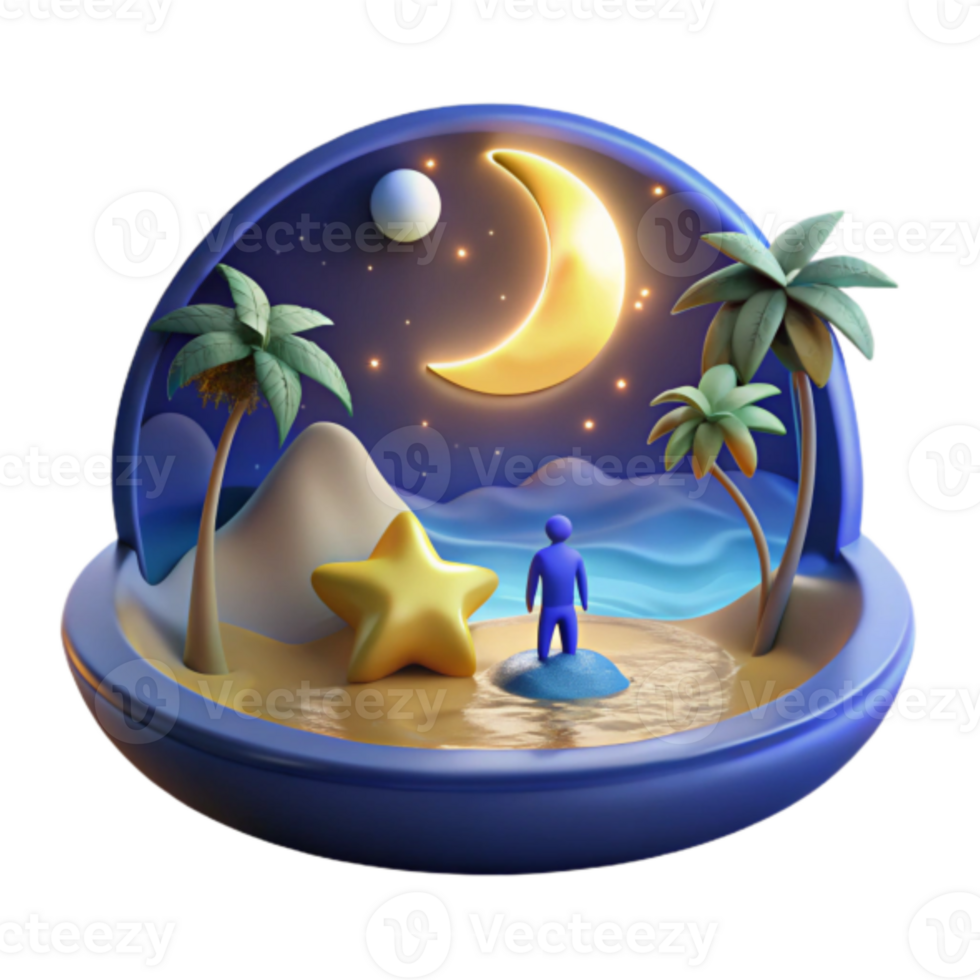 3D Render Night Scene Island Moon Star Beach Palms Graphic png