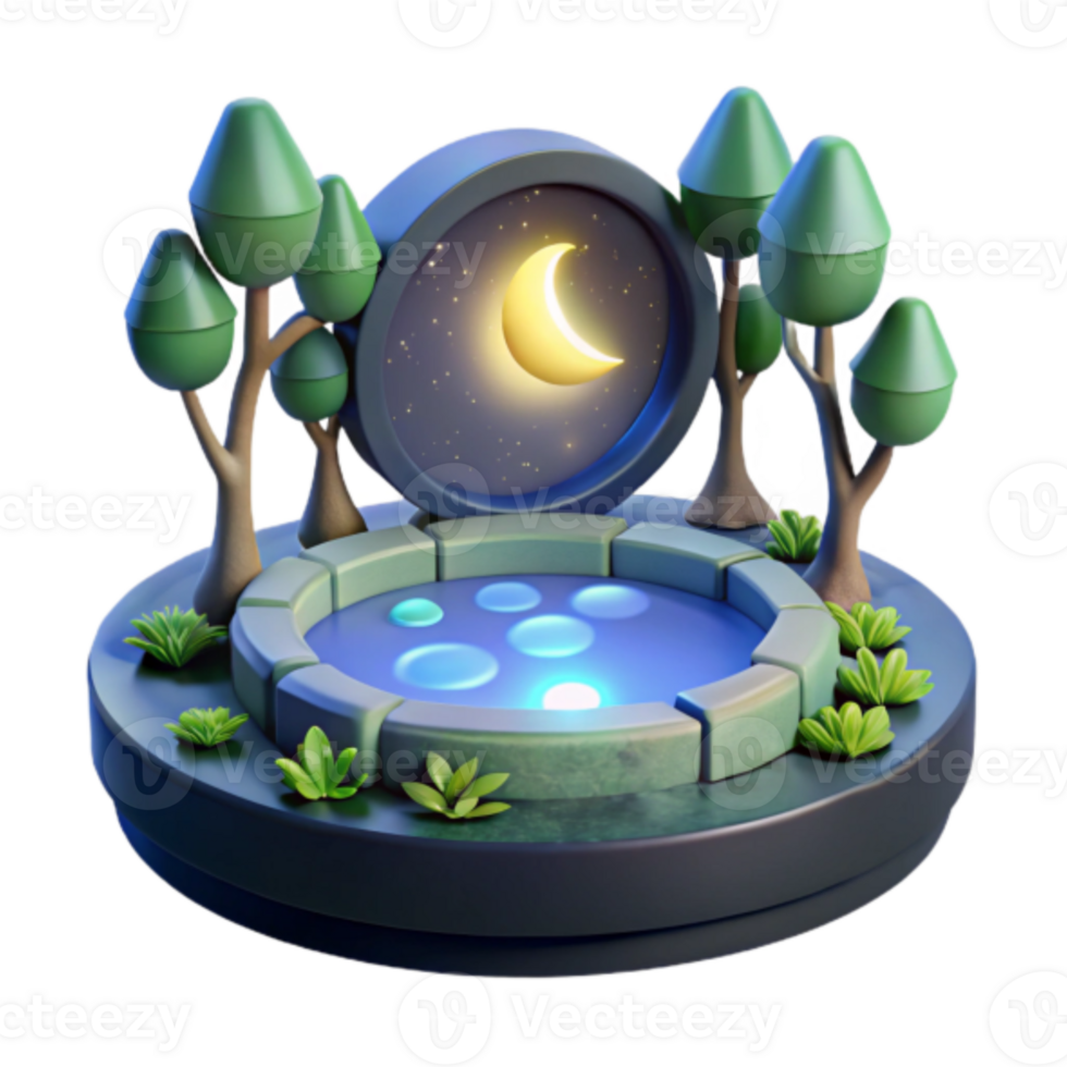 Enchanted Moonlit Pond 3D Illustration Serene Night Scene with Glowing Water and Lush Greenery png