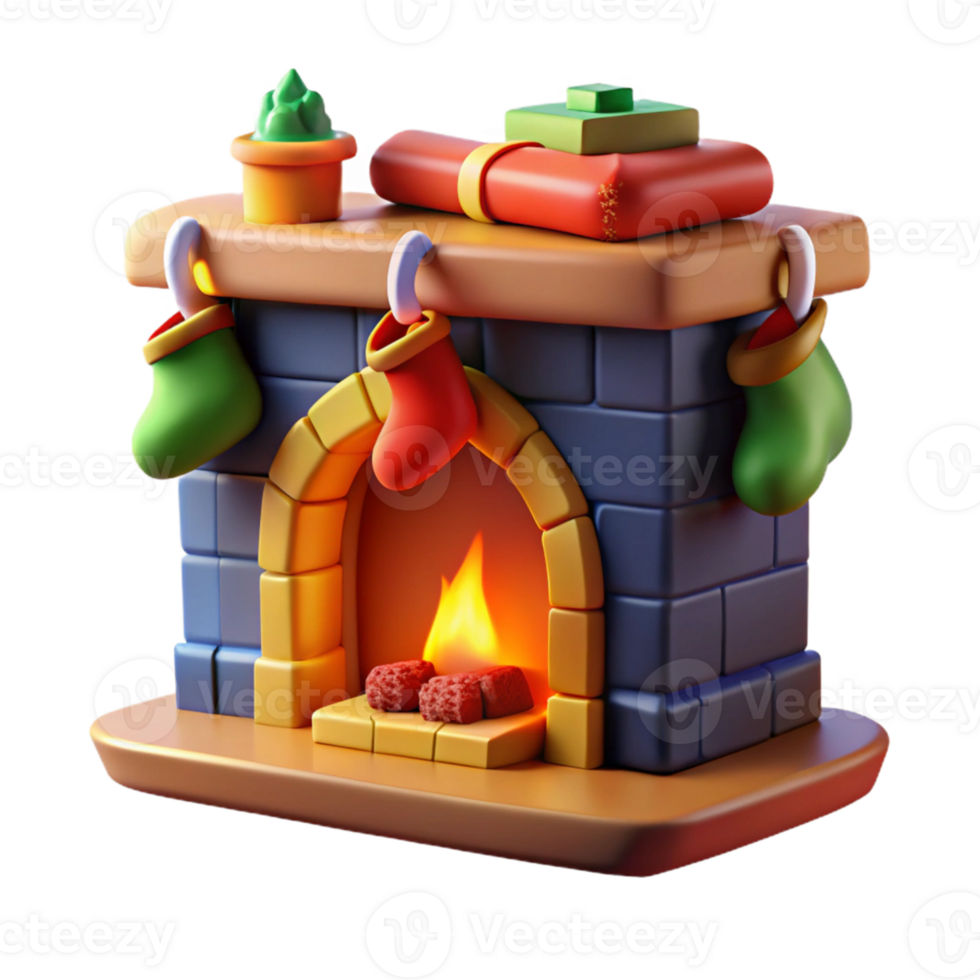 Isometric Cartoon Fireplace with Stocking png