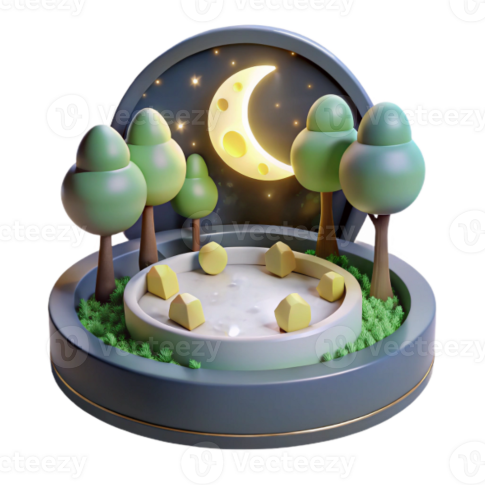 Night Scene 3D Render Illustration Serene Moonlit Pond Surrounded by Trees png