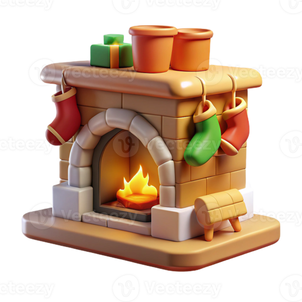 Cozy Isometric Fireplace with Stocking and Gifts png