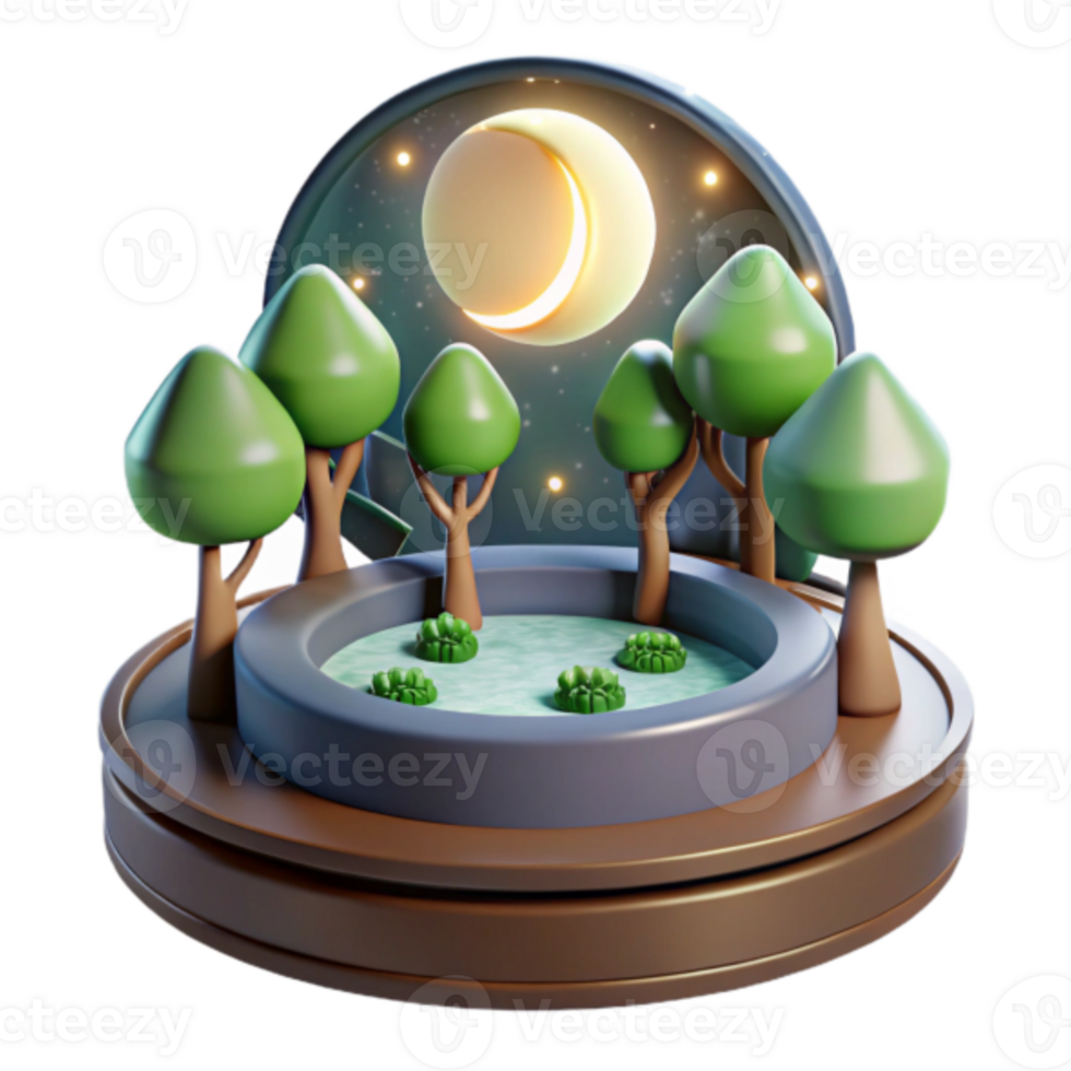 Enchanted 3D Night Scene Illustration Tranquil Pond, Lush Trees, Crescent Moon png