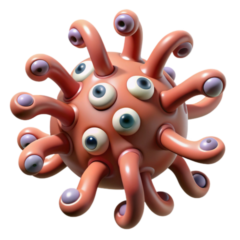 3D Render of a Multi-Eyed Spherical Creature with Tentacles png