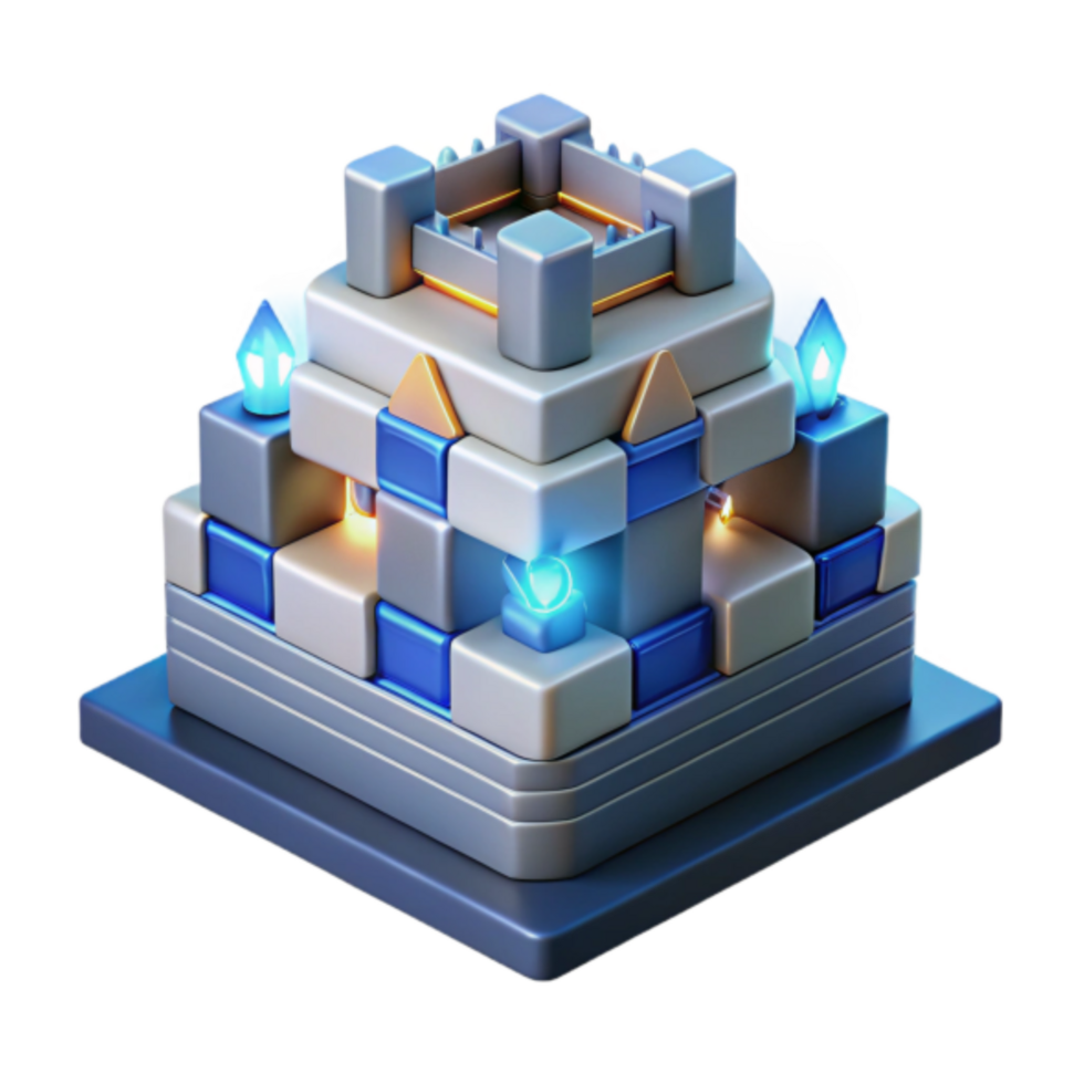 3D Render of a Blocky Castle Illustration Blue and Gray Cuboid Structure with Glowing Elements png