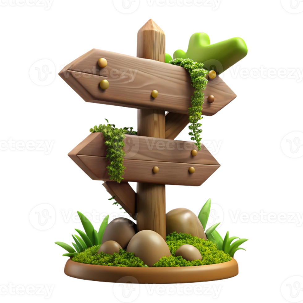 Isometric Wooden Signpost with Moss and Grass png