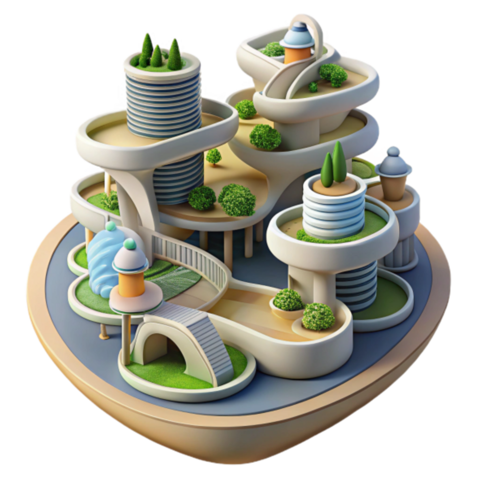 Futuristic Cityscape 3D Illustration Eco-Friendly Urban Design with Lush Gardens and Modern Architecture png