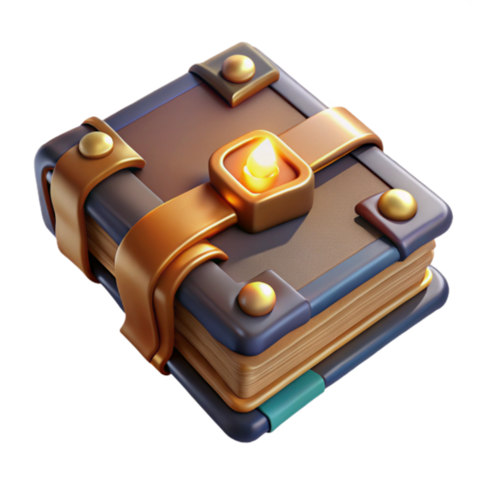 Enchanted Book 3D Render Illustration Magical Grimoire with Golden Clasp and Burning Candle png