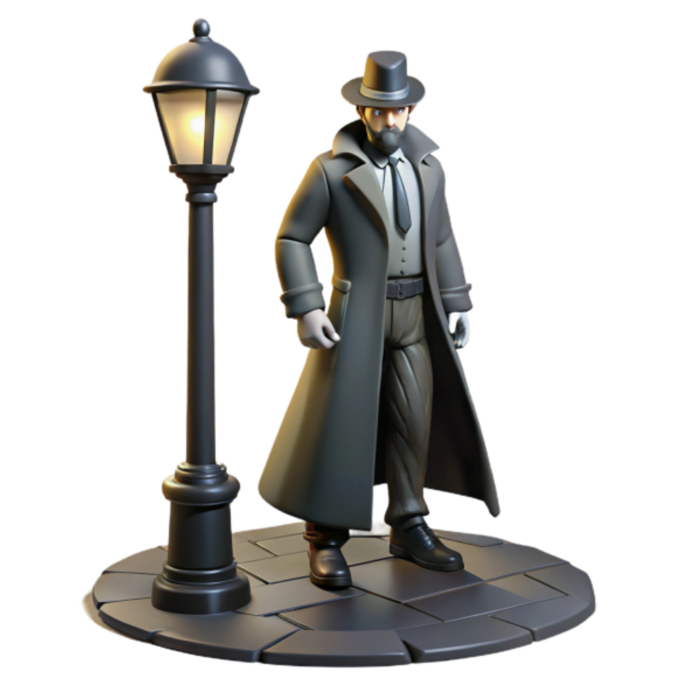 Stylized 3D Render of a Detective Figure Near a Lamppost png