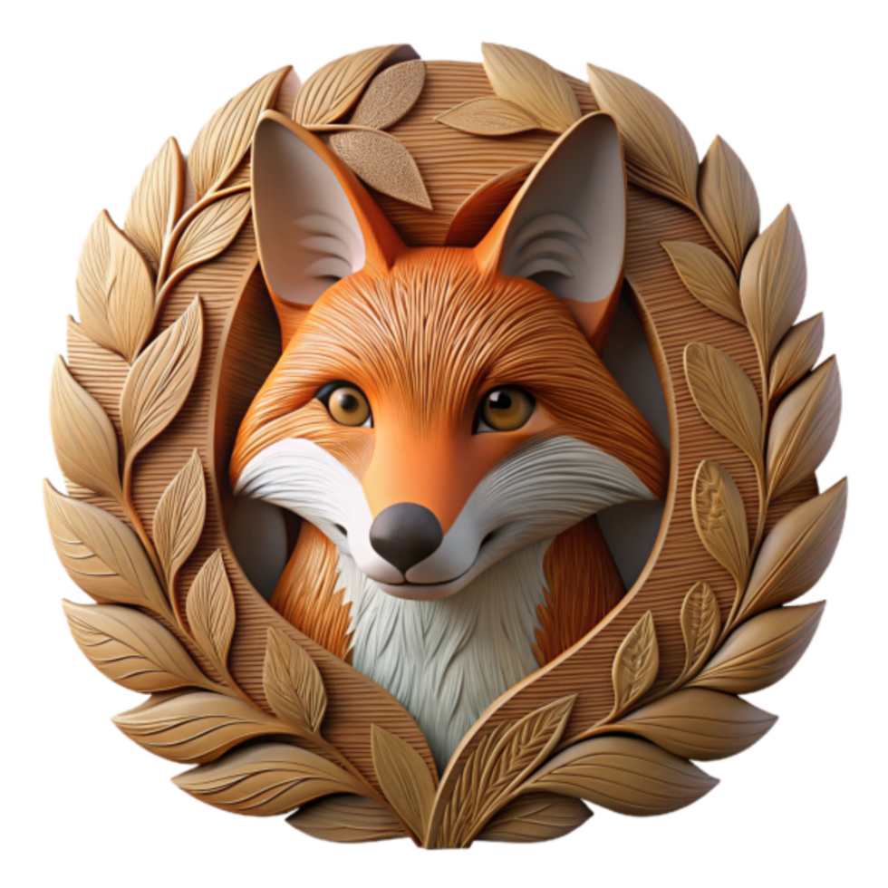 3D Render of a Fox in an Ornate Wooden Frame png