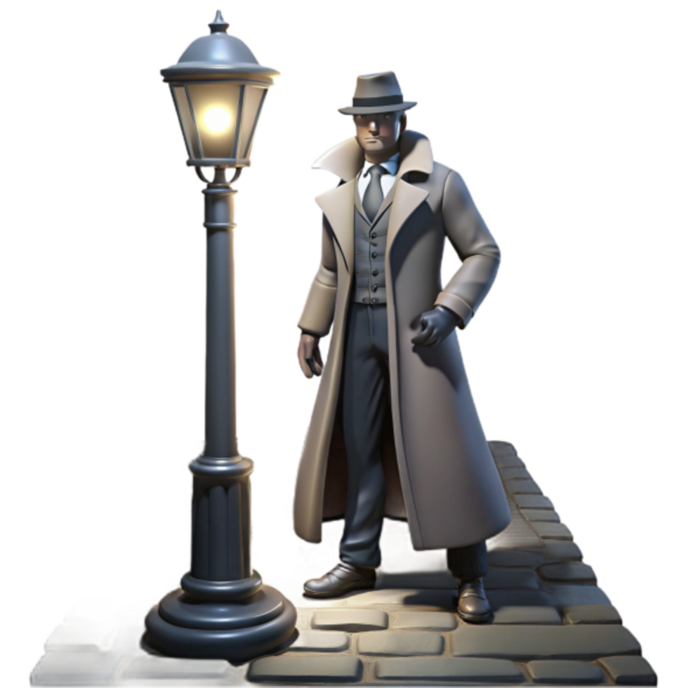 3D Render Detective Figure with Streetlamp Illustration png