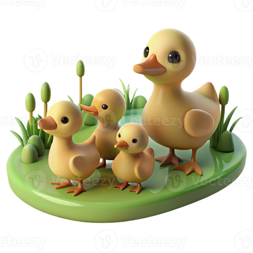 Cute Ducklings on a Green Pond png
