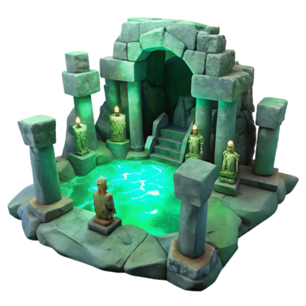 Enchanted Pool 3D Model Ancient Ruins, Glowing Water, Mystical Statues, Stone Architecture, Fantasy Game Asset png