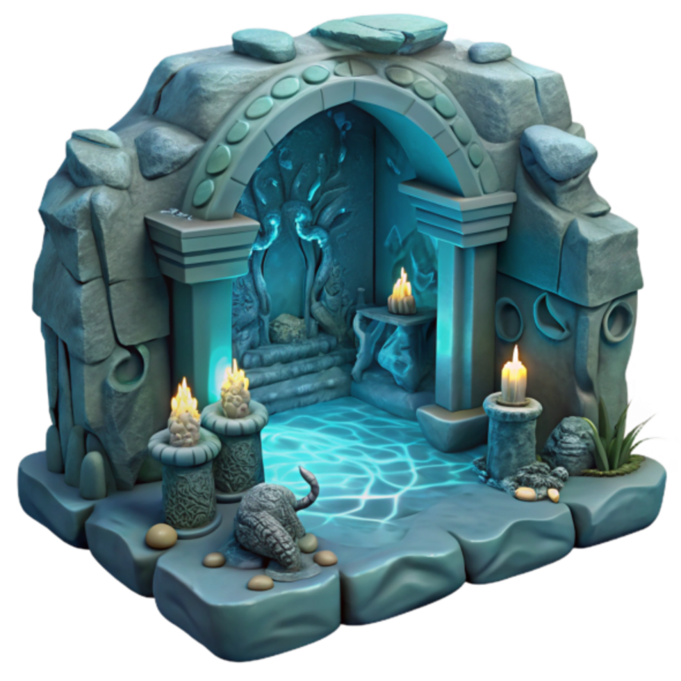 Enchanted Grotto 3D Model Mystical Cave Shrine with Glowing Candles and Ancient Carvings png