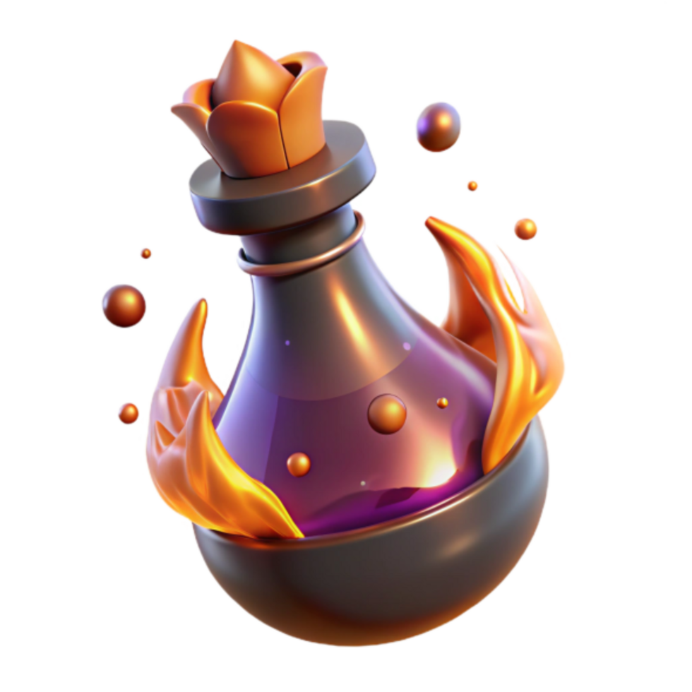 Enchanted Potion Bottle 3D Render, Fantasy Elixir, Magical Liquid, Game Asset, Purple and Gold, Mystical Brew, Sparkling Bubbles, Flame Effects, Dark Fantasy Art png