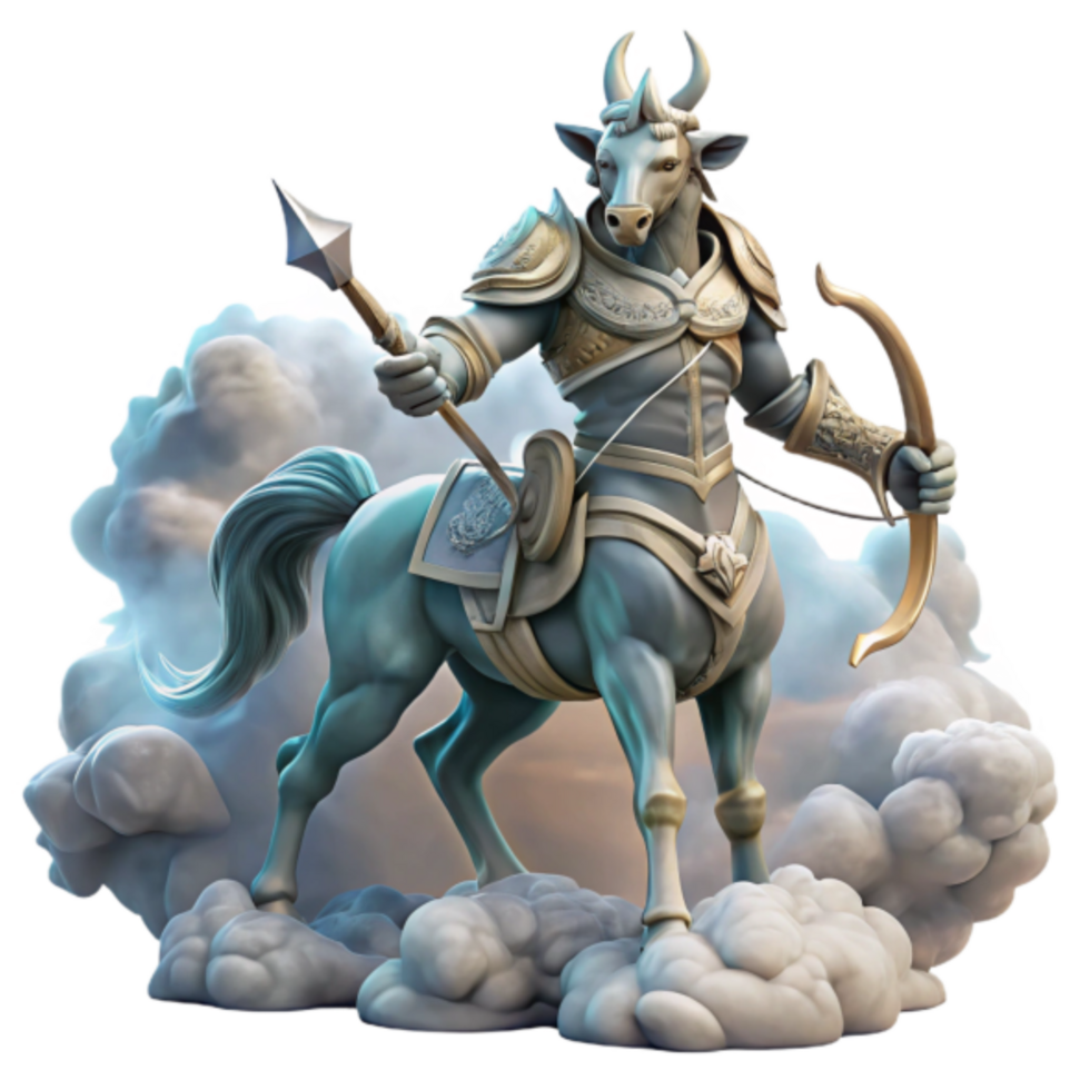 3D Render of a Majestic Centaur Warrior, Mythological Creature, Fantasy Art, Digital Painting, Epic Battle Scene, Cloud Background, Blue Horse, Armed Archer, Ancient Armor png