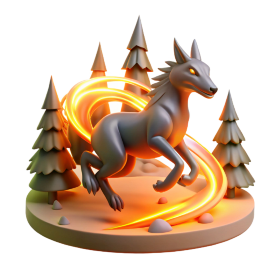 3D Render of a Wolf Running Through a Forest with Orange Trails png