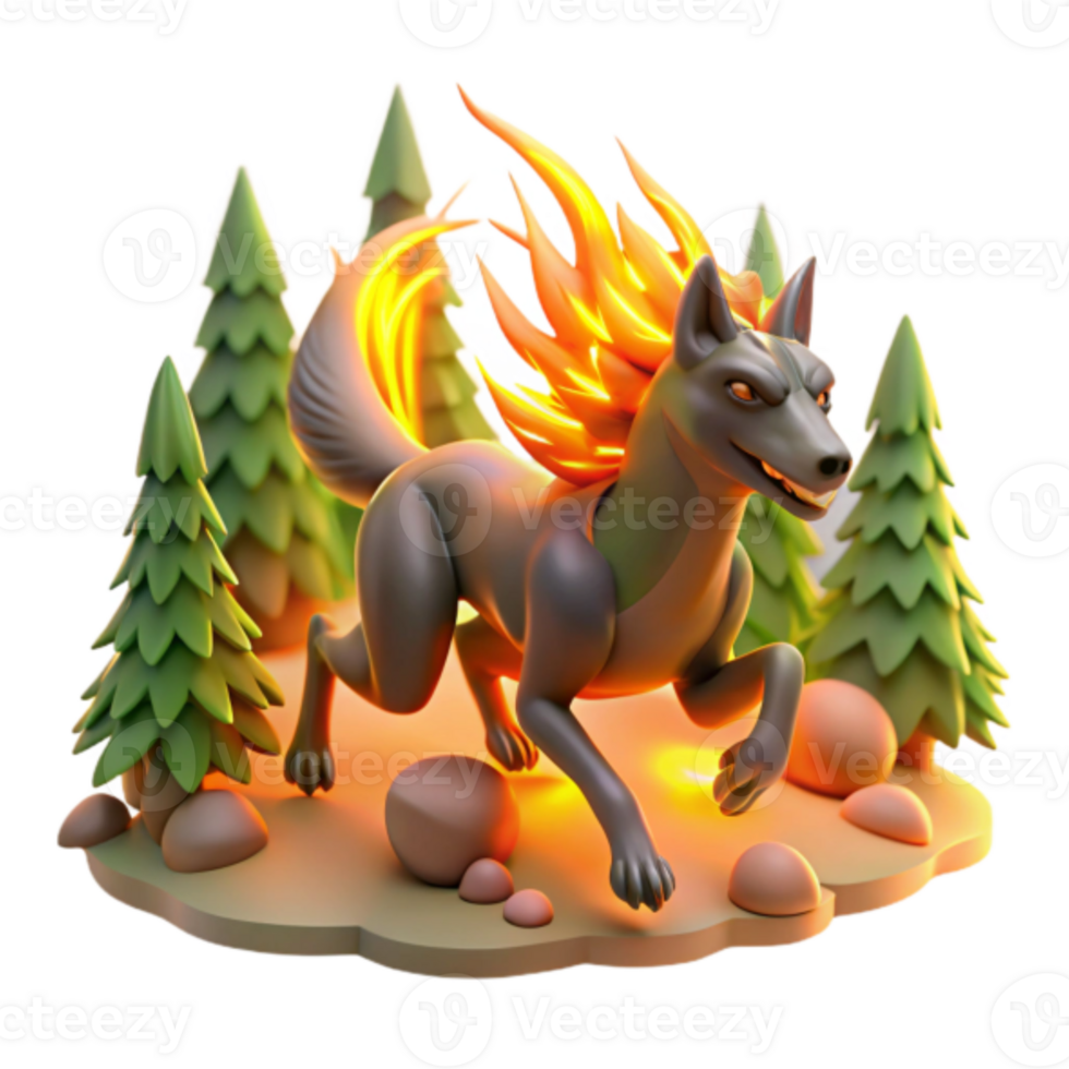 Fiery Canine 3D Render Mythical Wolf in Forest Setting png