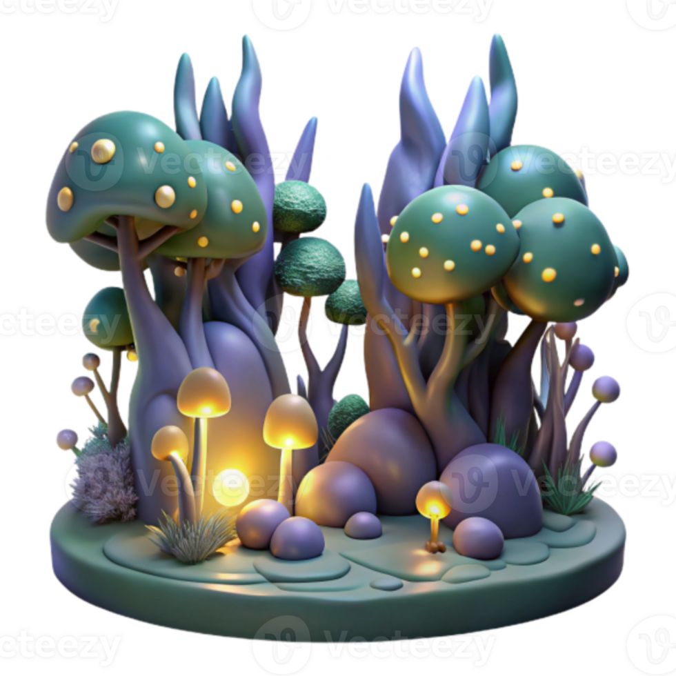 Enchanted 3D Mushroom Forest Illustration Glowing Fungi and Cartoon Trees png