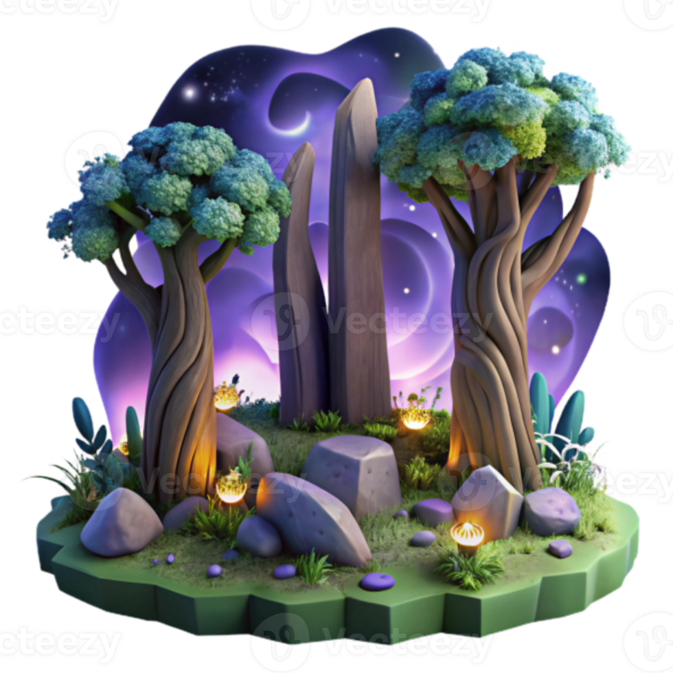 Enchanted Forest Night 3D Illustration Mystical Trees, Glowing Mushrooms, and Starry Sky Background png
