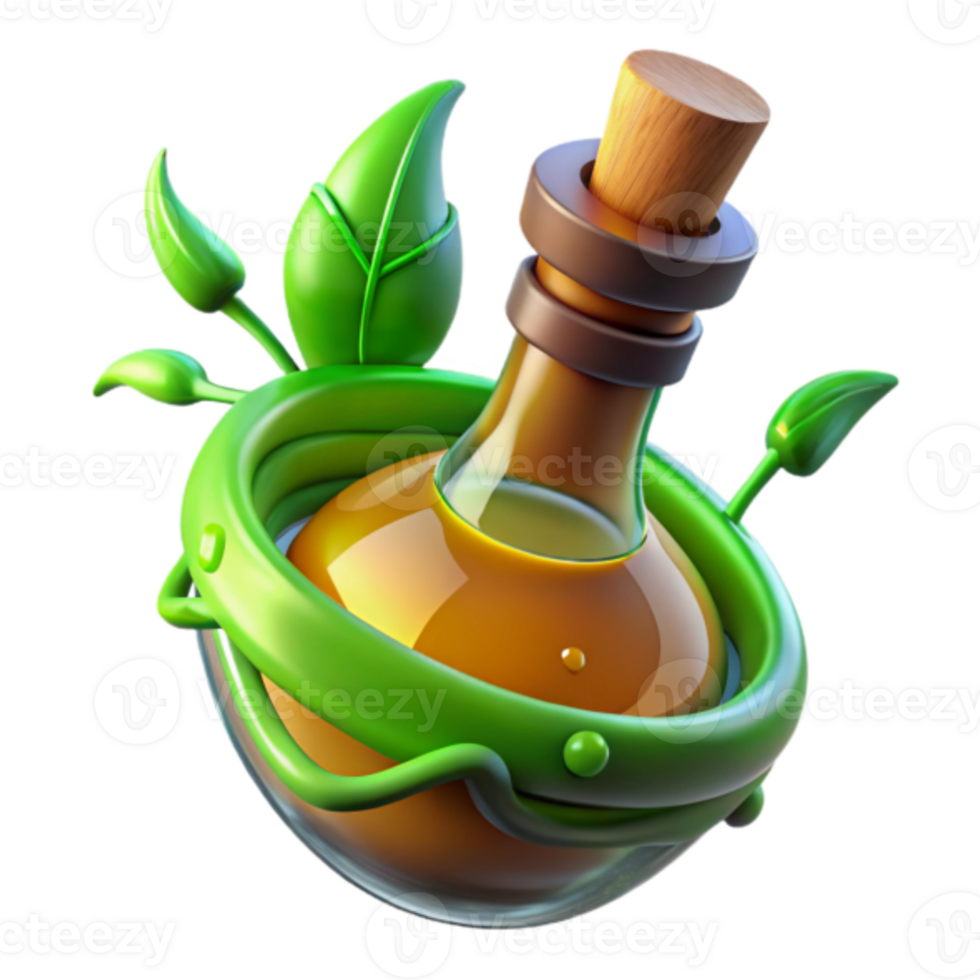 3D Render of a Magical Elixir Bottle Nestled in Green Leaves png