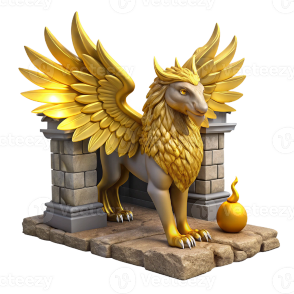 Golden Griffin 3D Model Render Mythical Creature Stone Base Wings png